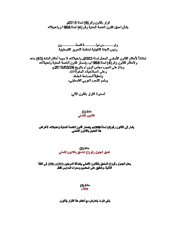 قرار بقانون رقم ( 6 )لسنة 2015م بشأن تعديل قانون الخدمة المدنية رقم ( 4 )لسنة 1998م وتعديلاته