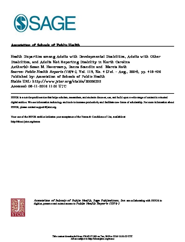 Heath Disparities Among Adults with developmental Disabilities ,Adults with other Disabilities ,Adults Not reporting Disability in north carollina  