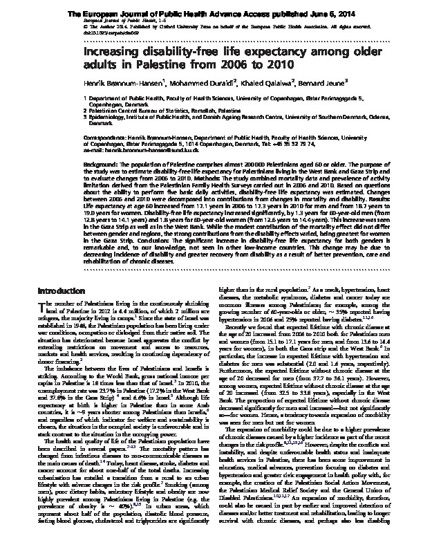 increasing disability - free life expectancy among older adults in Palestine from 2006 to 2010 
