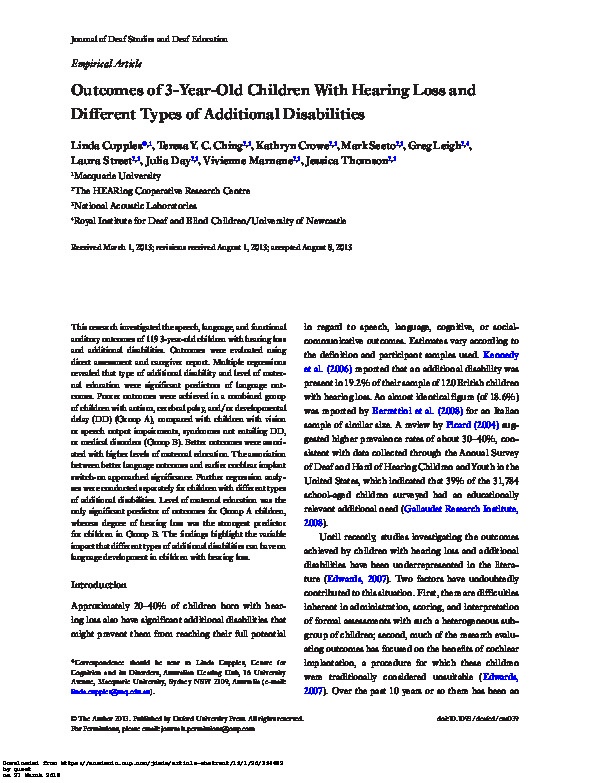 outcomes  of 3 years old children with hearing loss and different types of additional disabilities  