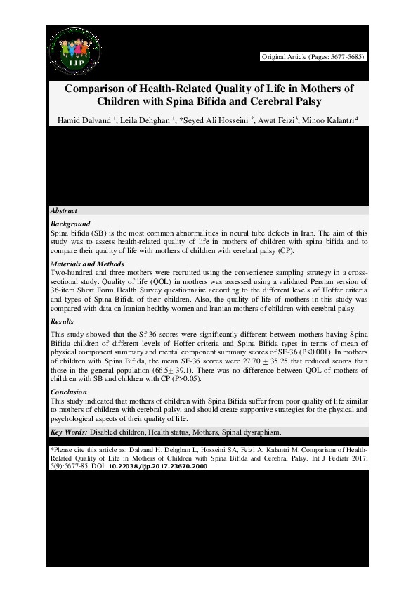 Comparison of Health-Related Quality of Life in Mothers of Children with Spina Bifida and Cerebral Palsy