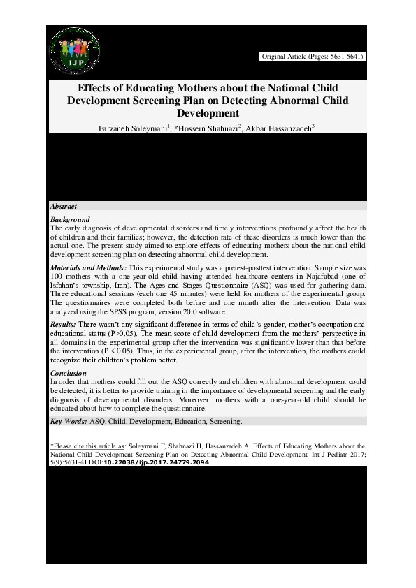 Effect of educating mothers about national child development screening plan on detecting abnormal child development