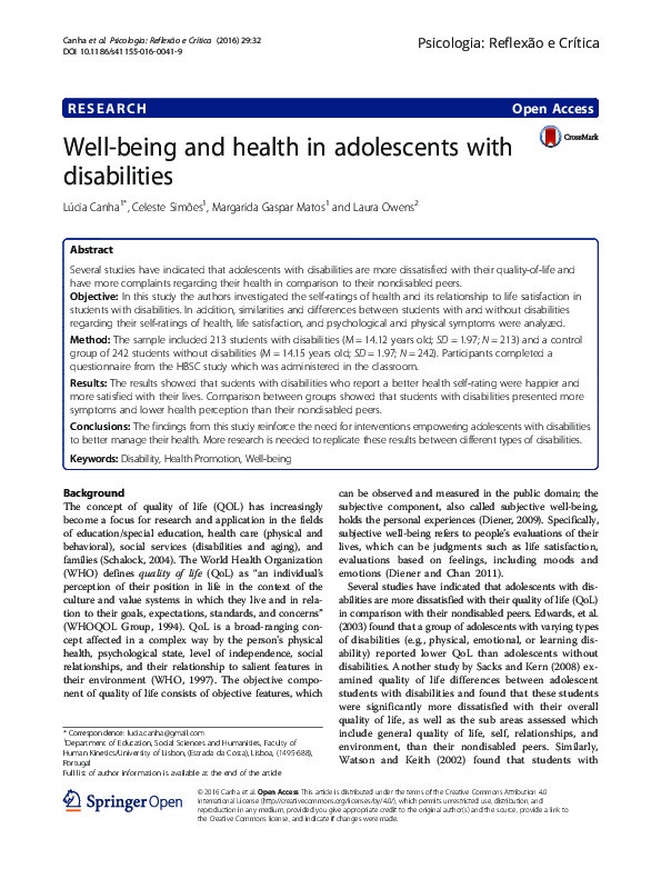 Well-being and health in adolescents with disabilities