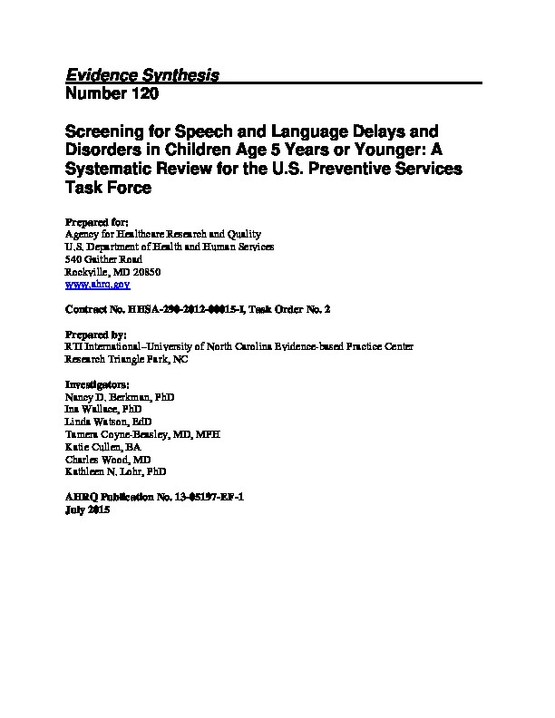 Screening for Speech and Language delays and disorders in children age 5 years or younger 