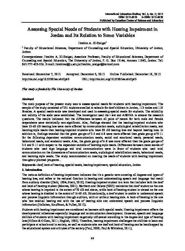 Assessing Special Needs of Students with Hearing Impairment in Jordan and Its Relation to Some Variables