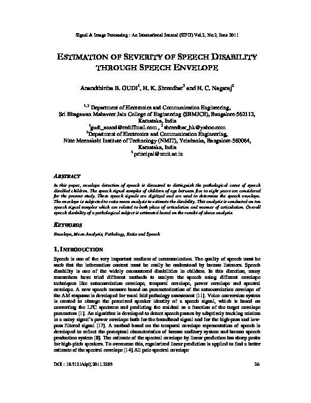 ESTIMATION OF SEVERITY OF SPEECH DISABILITY THROUGH SPEECH ENVELOPE