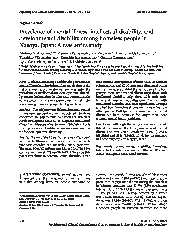 Prevalence of mental intellectual disabilities and developmental disability among homeless people in Nagoya, Japan: a case series study 