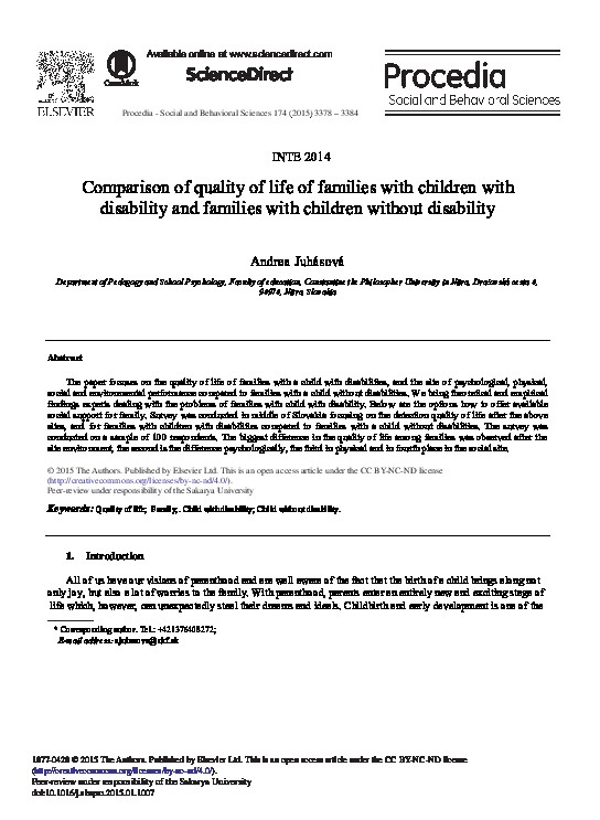 Comparison of quality of life of families with children with disability and families with children without disability