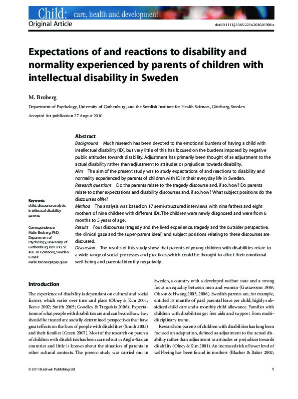 Expectations of and reactions to disability and normality experienced by parents of children with intellectual disability in Sweden