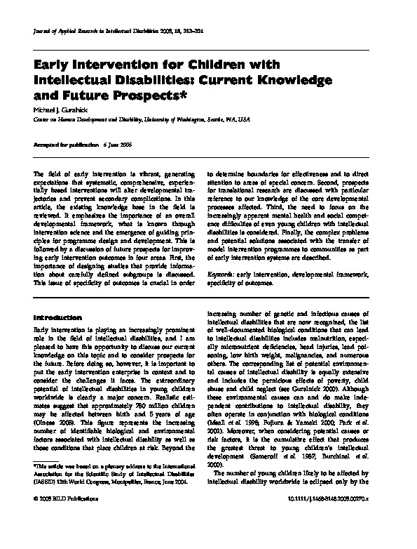Early Intervention For Children with Intellectual Disabilities: Current Knowledge and Future Prospects 