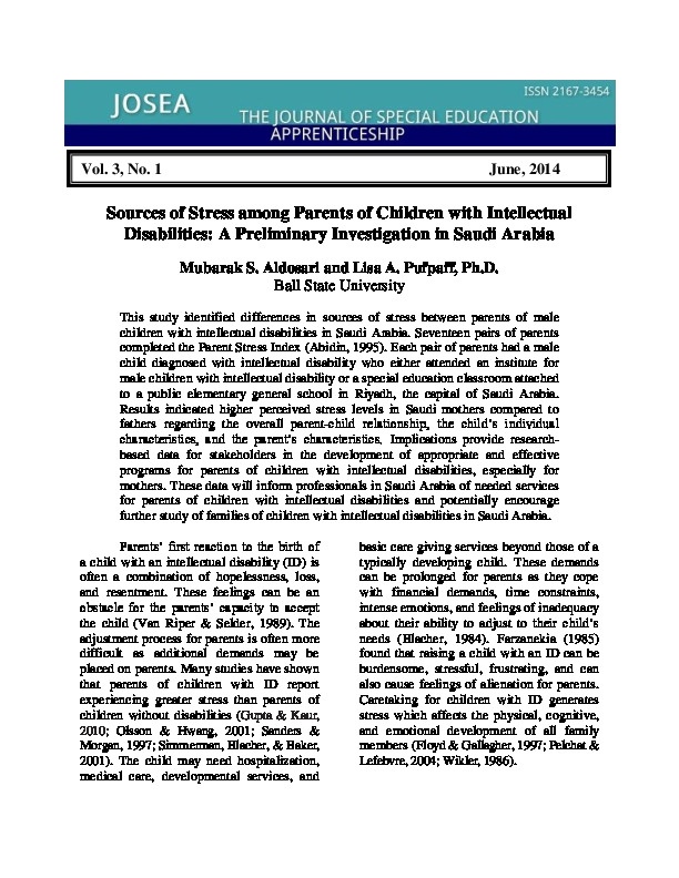 Sources of stress among parents of children with intellectual disabilities: A Preliminary Investigation in Saudi Arabia   