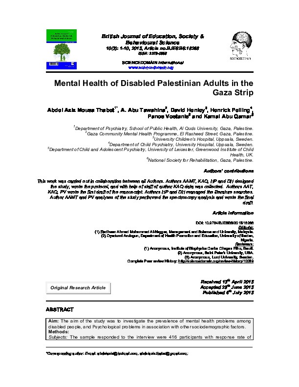 Mental Health of Disabled Palestinian Adults in the Gaza Strip
