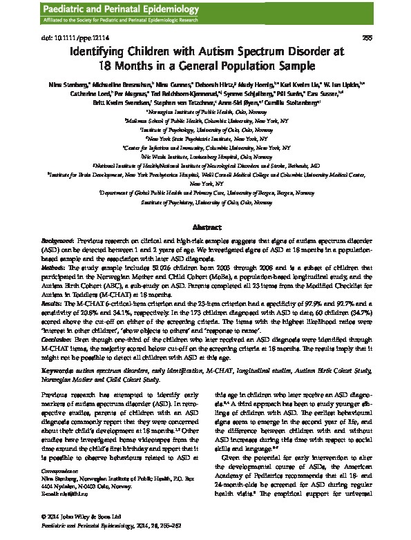 Identifying Children with Autism Spectrum Disorder at 18 Months in General Population Sample    