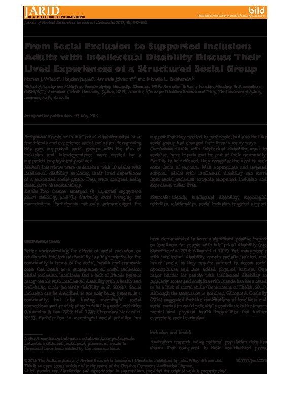From Social Exclusion to Supported Inclusion: Adults with Intellectual Disability Discuss Their lived Experiences of a Structured Social Group 