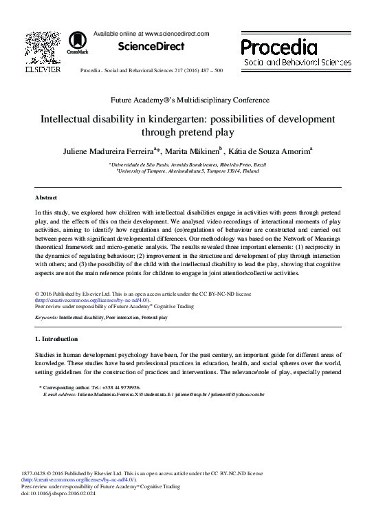 intellectual disability in kindergarten: possibilities of development through pretend play  