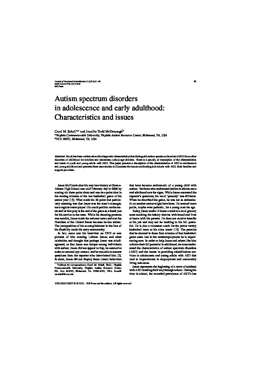 Autism spectrum disorders in adolescence and early adulthood characteristics and issues   