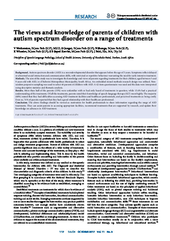 The views and knowledge of parents of children with Autism spectrum disorder on range of treatments 