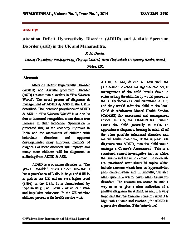 Attention Deficit Hyperactivity Disorder and Autistic Spectrum disorder in the UK and Maharashtra   