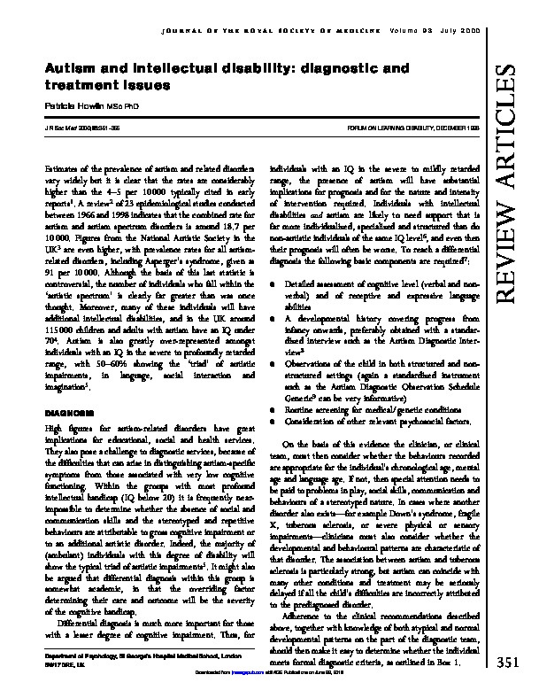 Autism and Intellectual Disability: diagnostic and treatment issues  