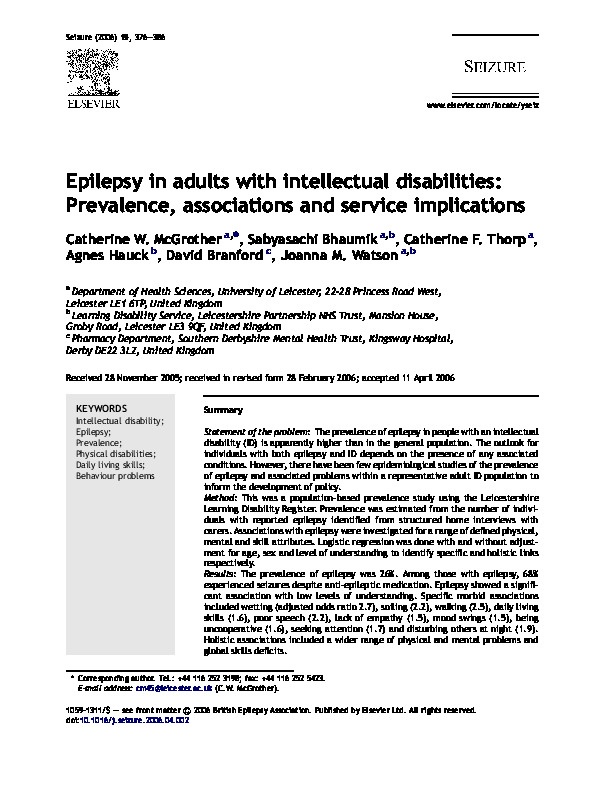Epilepsy in adults with intellectual disabilities: Prevalence, associations and services implications  