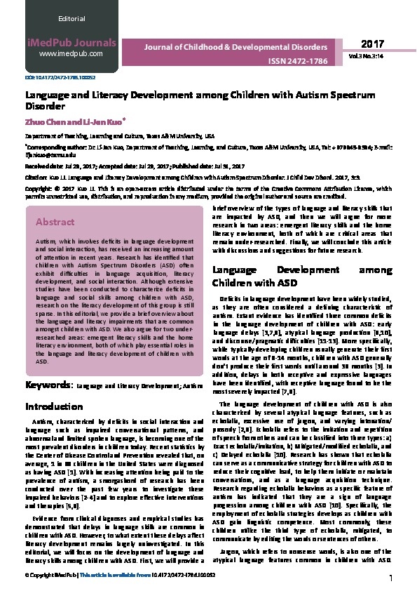 Language and Literacy Development among Children with Autism Spectrum Disorder 