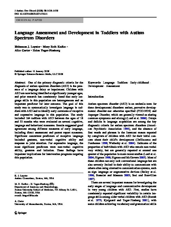 Language Assessment and Development in Toddlers with Autism Spectrum Disorders 