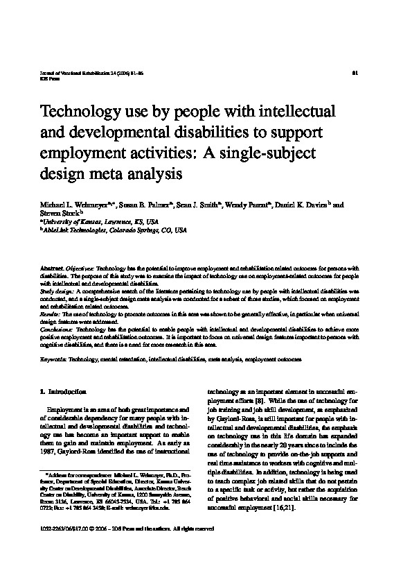 Technology use by people with intellectual and developmental disabilities to support employment activities: A single - subject design meta analysis 