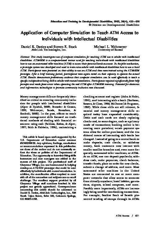 Application of Computer Simulation to Teach ATM Access to Individuals with Intellectual Disability 