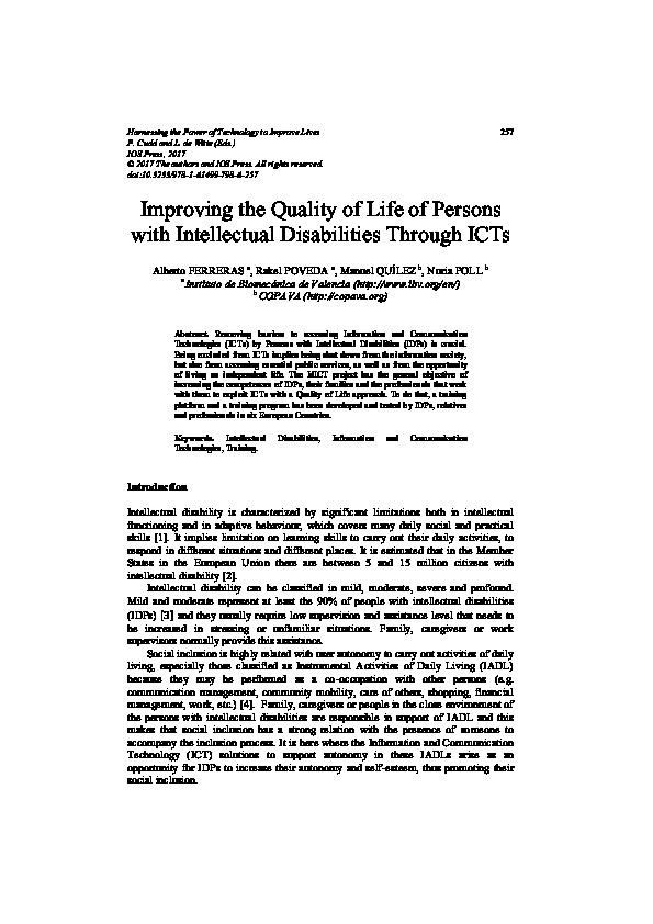 Improving the Quality of Life of Persons with Intellectual Disabilities Through ICTs 