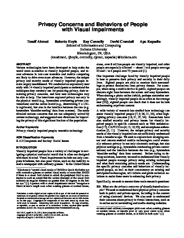 Privacy Concerns and Behavior Of People with Visual Impairments  