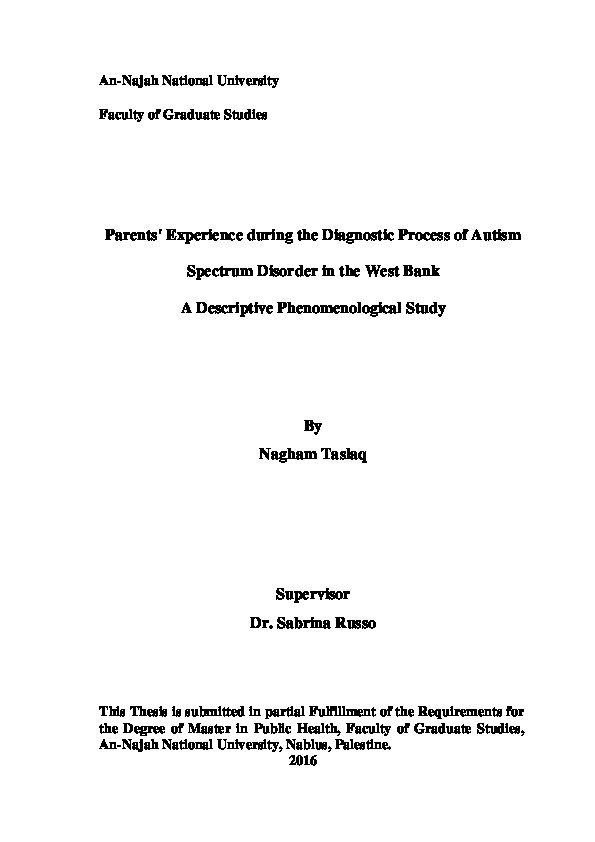 Parents Experience during the Diagnostic Process in Autism Spectrum Disorder in West Bank  