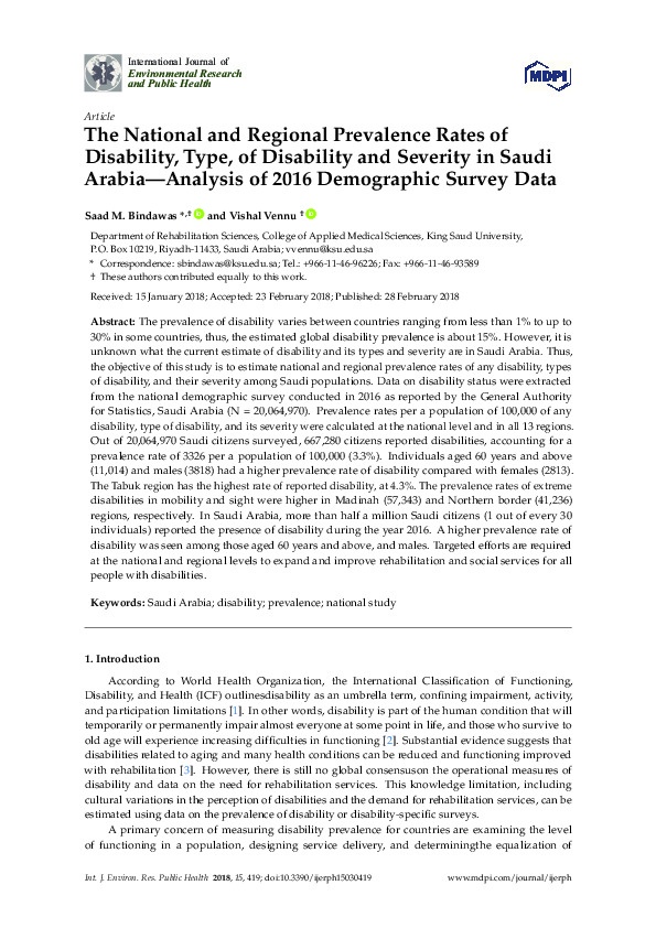   The National and Regional Prevalence Rates of Disability, Type, of Disability and Severity in Saudi Arabia – Analysis of 2016 Demographics Survey Data 