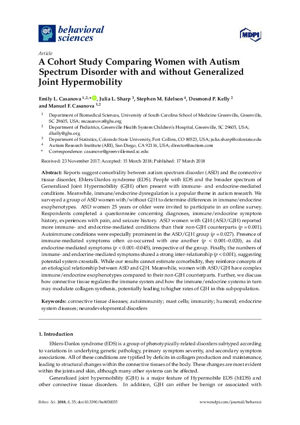 A cohort Study comparing women with Autism Spectrum Disorders with or without Generalized Joint Hyper-mobility   