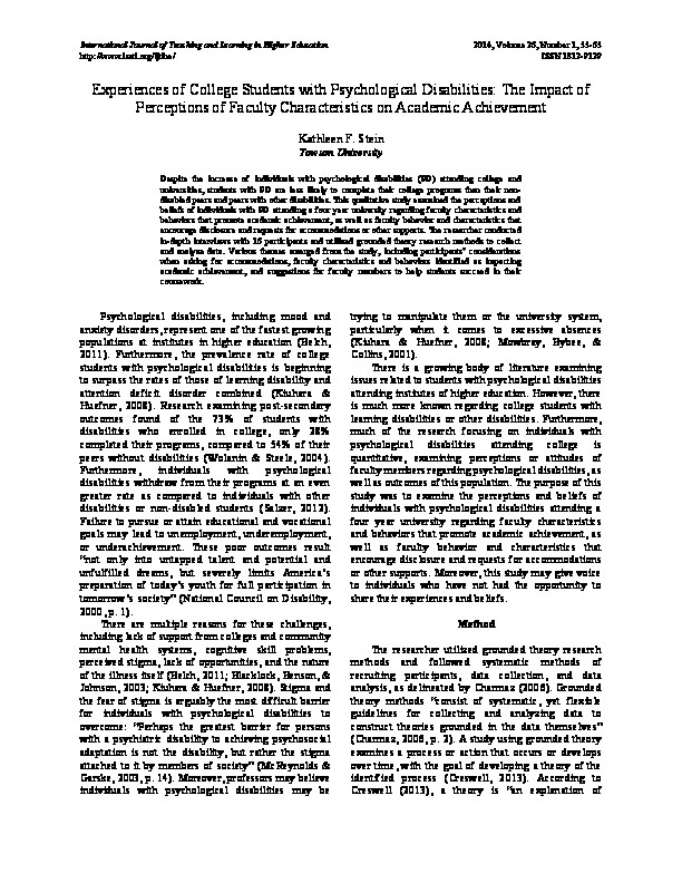 Experiences of College Students with Psychological Disabilities: The Impact of Perceptions of Faculty Characteristics on Academic Achievements 