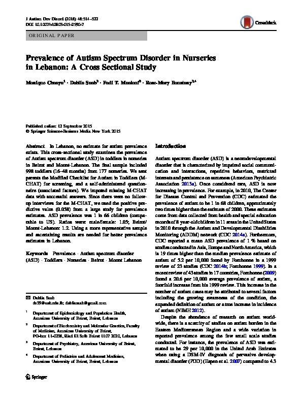 Prevalence of Autism Spectrum Disorder in Nurseries in Lebanon 