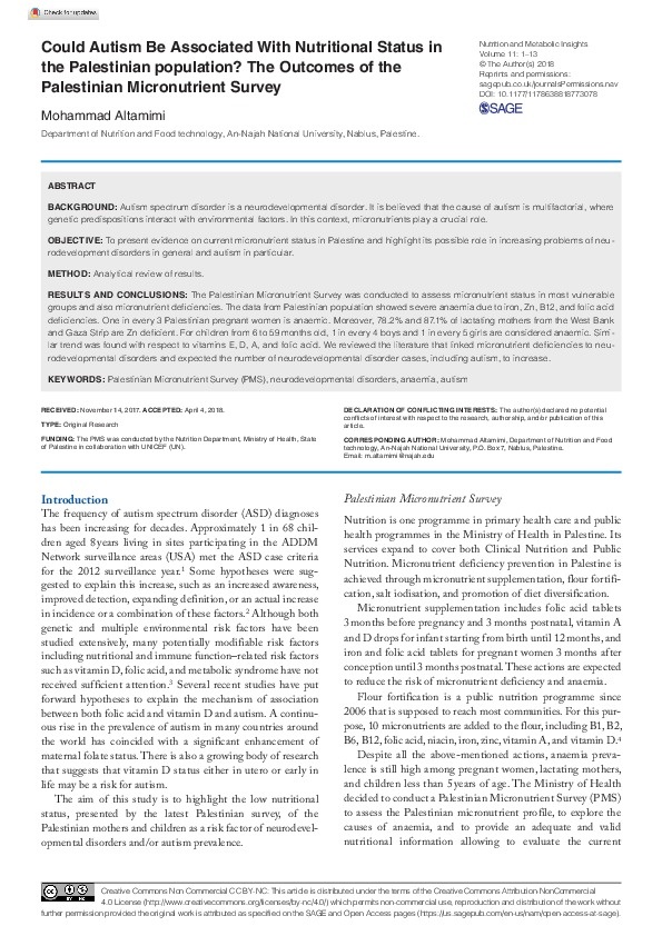 Could Autism Be Associated with Nutritional Status in the Palestinian Population ? The Outcomes of the Palestinian Micronutrient   
