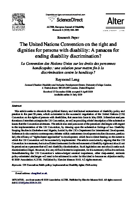The United Nations Convention on the right and Dignities for persons with disability: A panacea for Ending disability discrimination?
