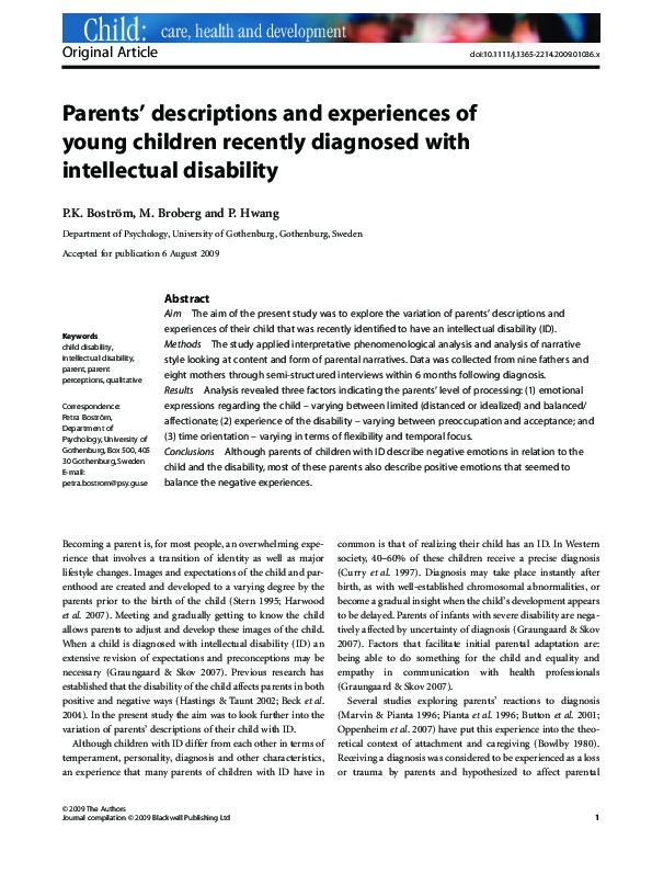 Parents descriptions and experiences of young children recently diagnosed with intellectual disability 