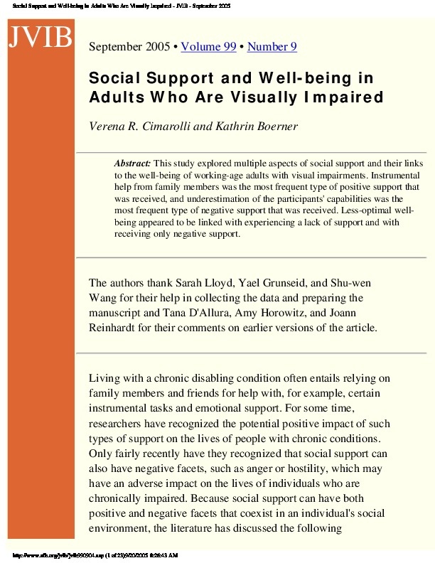 Social Support and well being in Adults who are Visually Impaired 