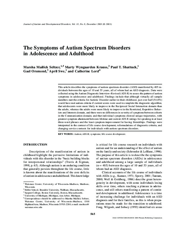 The Symptoms of Autism Spectrum Disorders in Adolescents and Adulthood  