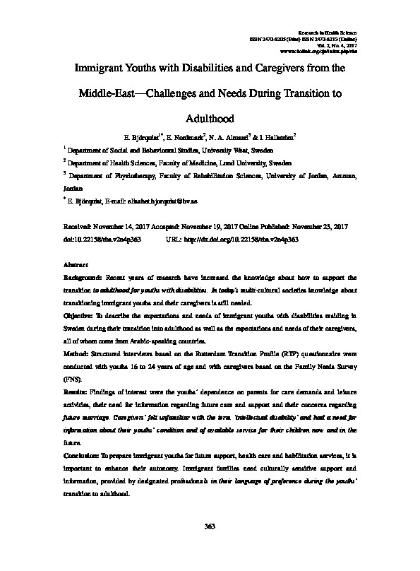 Immigrants Youth with Disabilities and Caregivers from the Middle East - Challenges and needs During Transition to Adulthood 