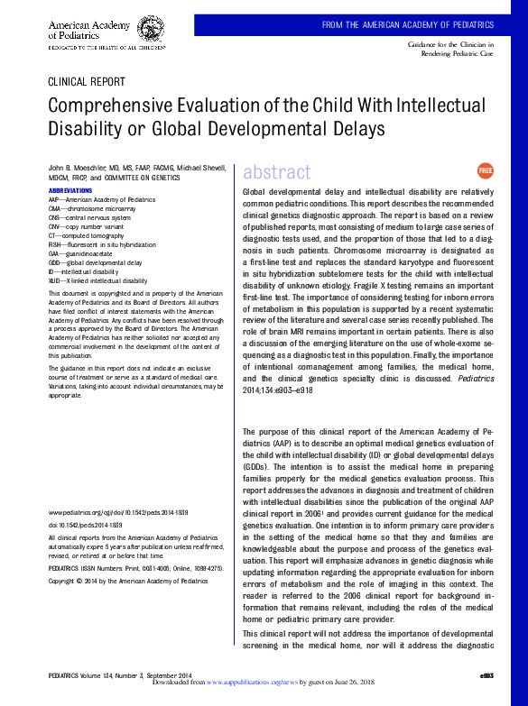 Comprehensive Evaluation of the Child with Intellectual Disability or Global Developmental Delays  