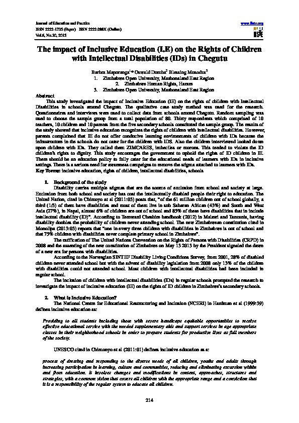 The Impact of Inclusive Education on the Rights of Children with intellectual Disabilities in Chegutu 