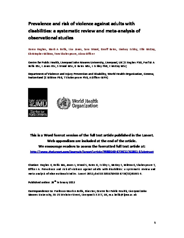 Prevalence and risk of violence against adults with disabilities: a systematic review and meta-analysis of observational studies  