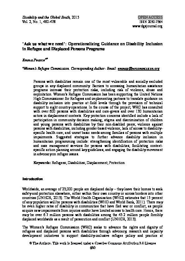 Ask What You need: Operationalizing Guidance on Disability Inclusion in Refugee and Displaced Persons Programs   