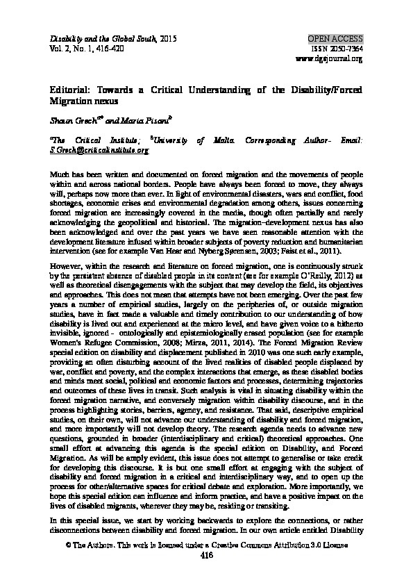 Towards a Critical Understanding of the Disability \ Forced Migration nexus  