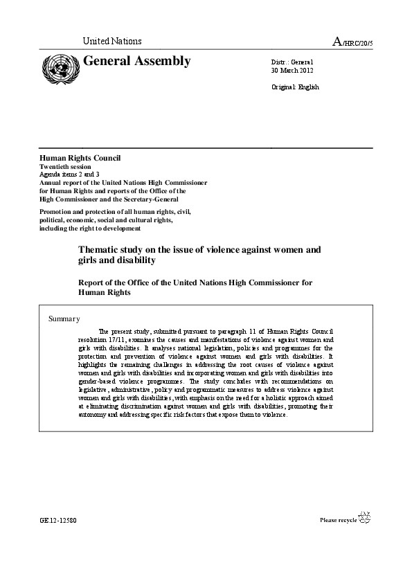 Thematic Study on Issue of Violence against Women and Girls and Disability 