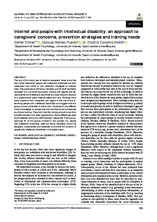 Internet and people with intellectual disabilities :  an approach to caregivers’ concerns, prevention strategies and training needs