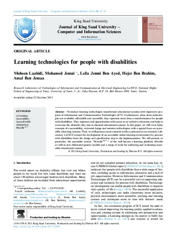 Learning Technologies for People with Disabilities   