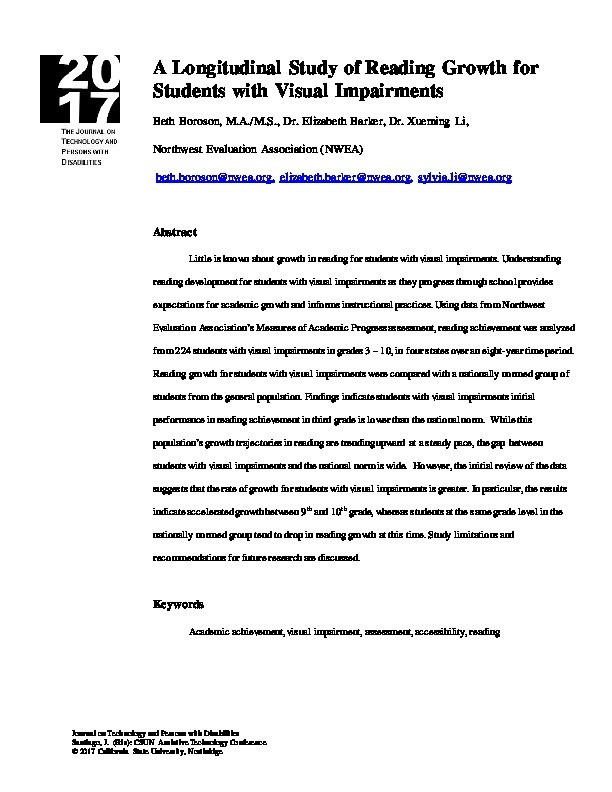 A Longitudinal Study of Reading Growth for Students with Visual Impairments  